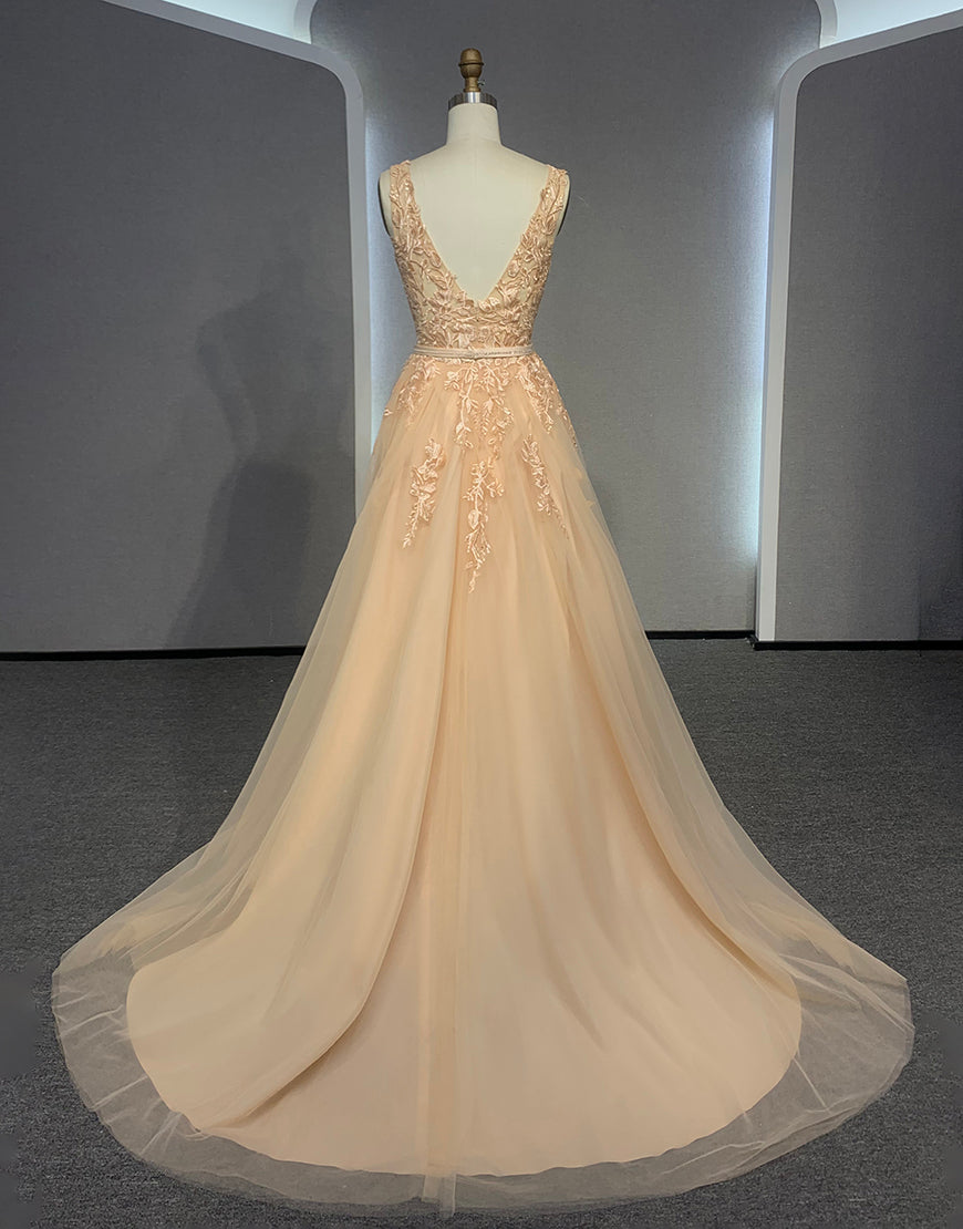 Luolandi V Neck A Line Ivory Wedding Dress With Appliques Floor Length Beautiful Prom Dresses